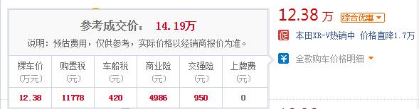 xrv1.5自动多少钱落地 xrv1.5自动挡落地价格14.19万