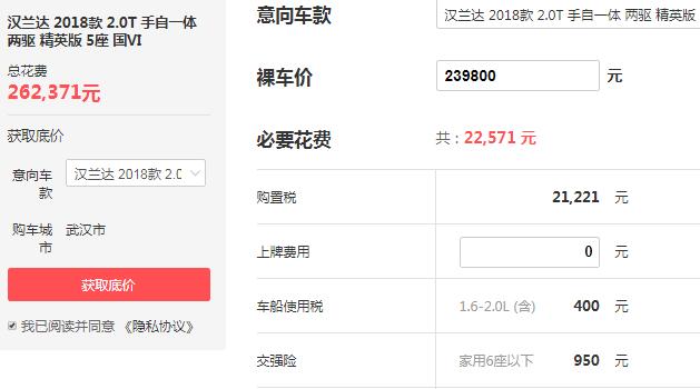 汉兰达价格多少钱一辆 裸车价最低不足24万