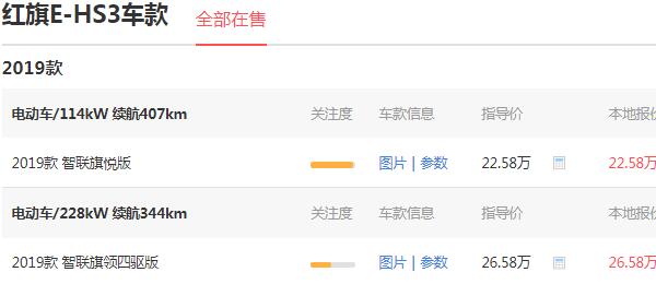 红旗纯电动suv补贴后价格 2019款(最低22.58万)，2021款(最低50.98万)