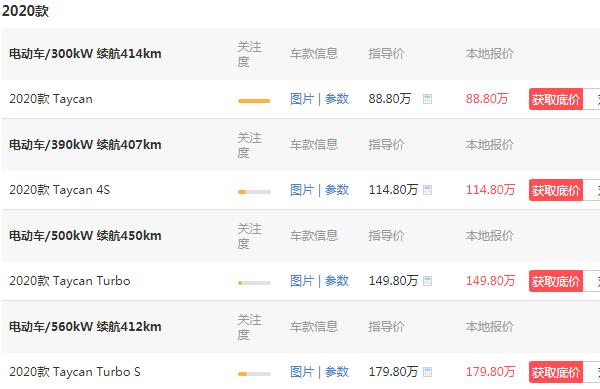 保时捷taycan落地价 落地91万元(最远续航可达450km)